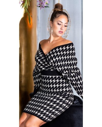 Rochie tricotata bej-negru suprapusa cu maneci oversize Luiza