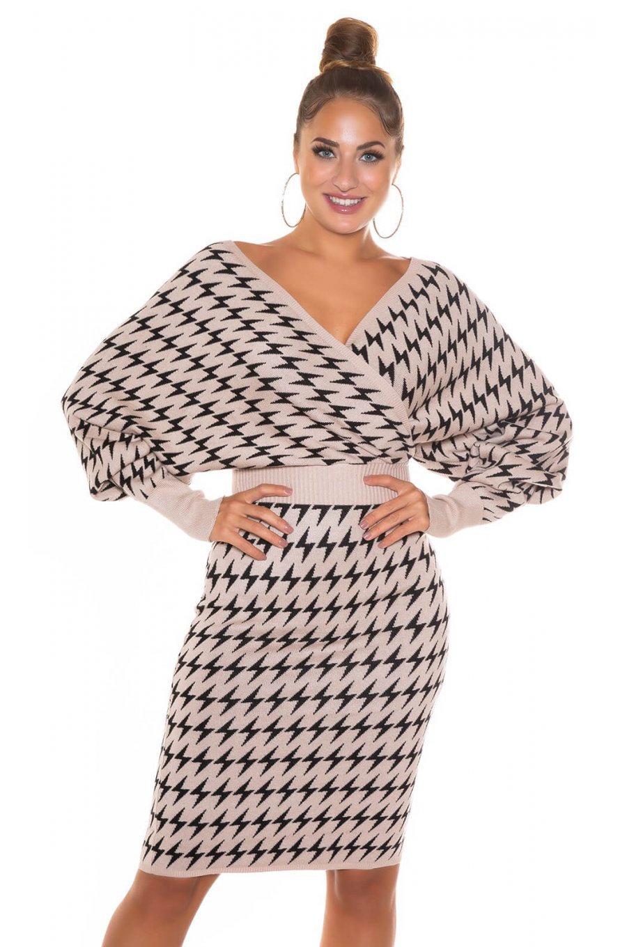 Rochie tricotata midi cappucino suprapusa cu maneci oversize Luiza 3 - jojofashion.ro