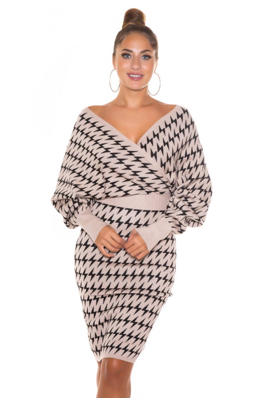 Rochie tricotata midi cappucino suprapusa cu maneci oversize Luiza 5 - jojofashion.ro