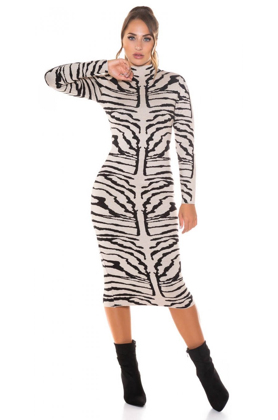 Rochie tricotata midi, alba animal print zebra, Armina 4 - jojofashion.ro
