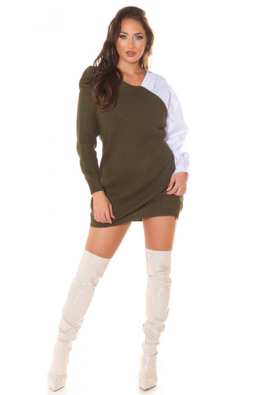 Rochie casual, scurta, tricotata, kaki, tip camasa, cu maneca lunga, Marceli 3 - jojofashion.ro