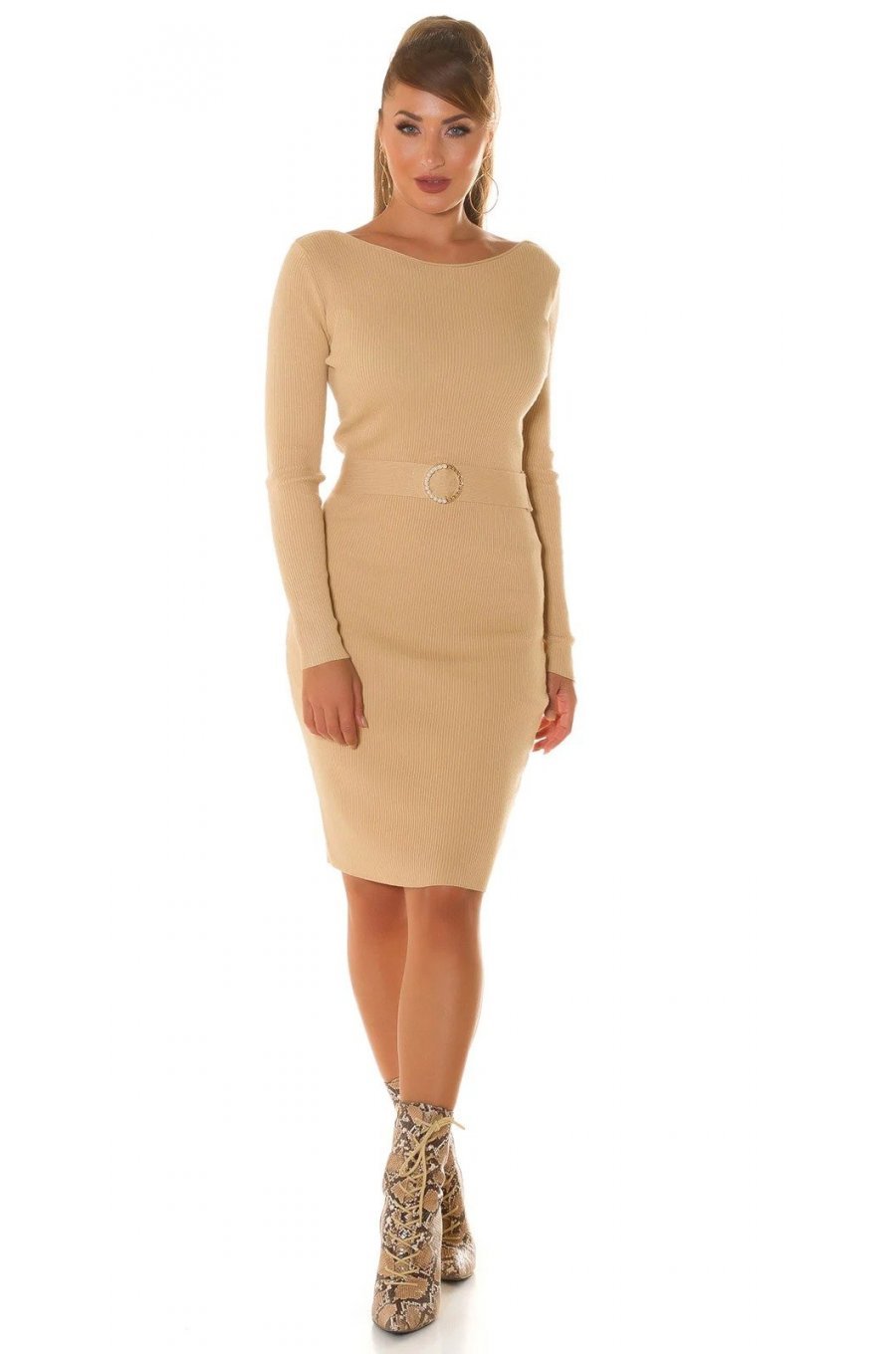 Rochie tricotata, eleganta, midi, vascoza, bej Bayan 3 - jojofashion.ro