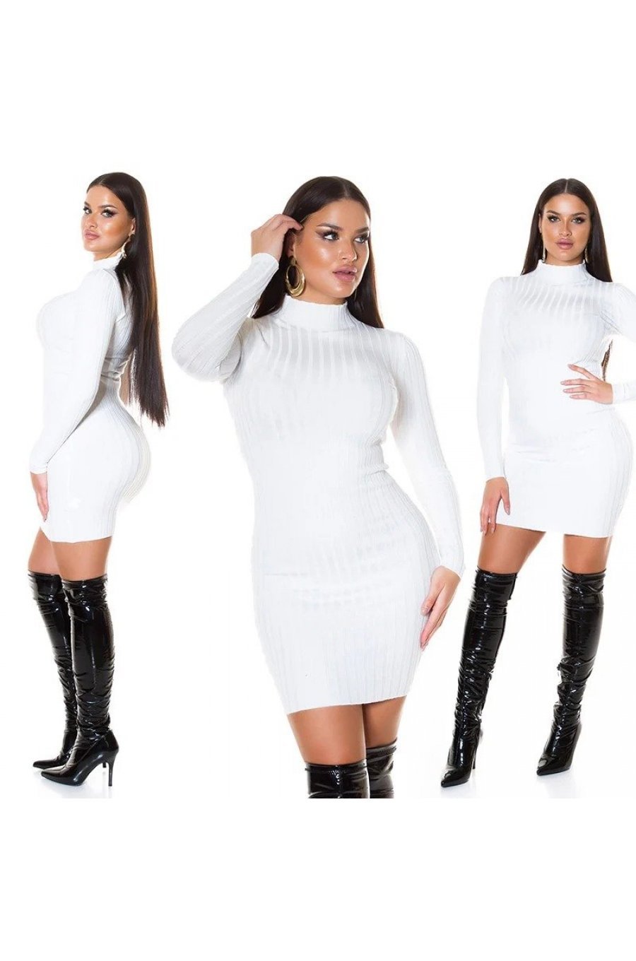 Rochie tricotata, scurta, vascoza, alba cu guler inalt Julyanna Rochie tricotata, scurta, vascoza, alba cu guler inalt Julyanna 6 - jojofashion.ro