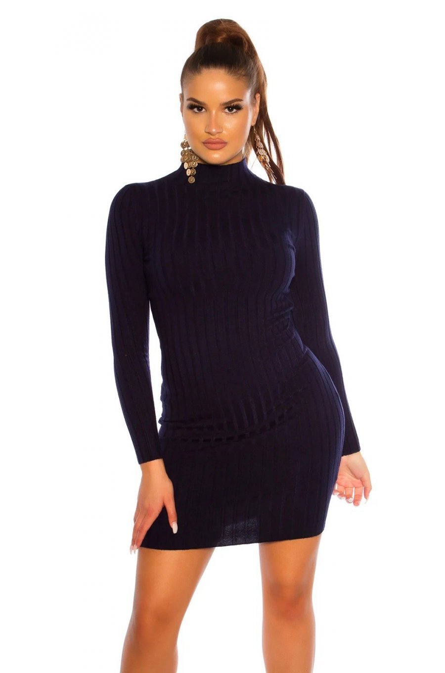 Rochie tricotata, scurta, vascoza, bleumarin navy, cu guler inalt Julyanna 1 - jojofashion.ro