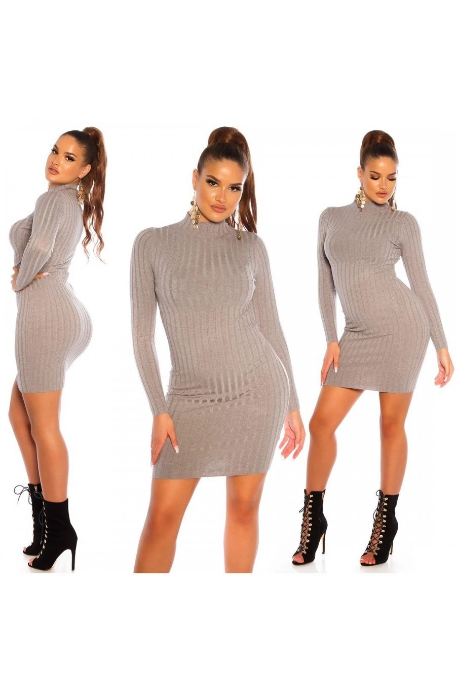 Rochie tricotata, scurta, vascoza, gri cu guler inalt Julyanna Rochie tricotata, scurta, vascoza, gri cu guler inalt Julyanna 5 - jojofashion.ro