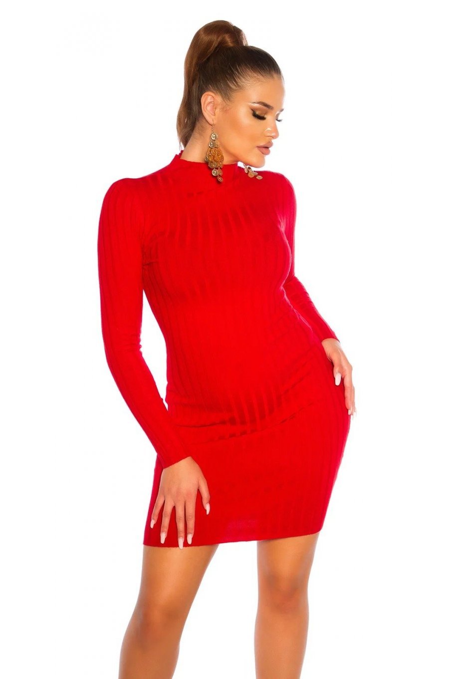 Rochie rosie mulata tricotata cu maneca lunga Julyanna 1 - jojofashion.ro