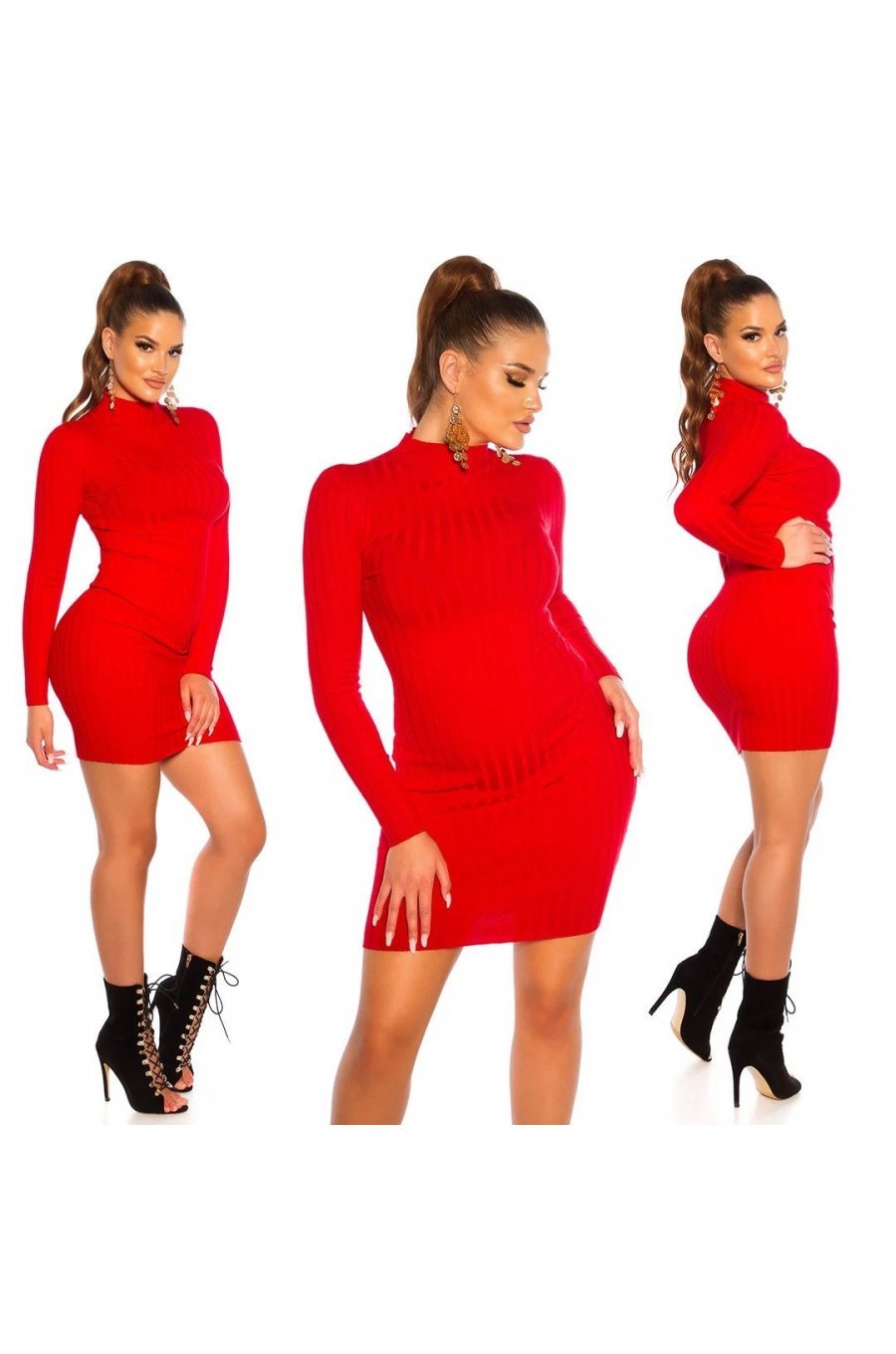 Rochie rosie mulata tricotata cu maneca lunga Julyanna 6 - jojofashion.ro