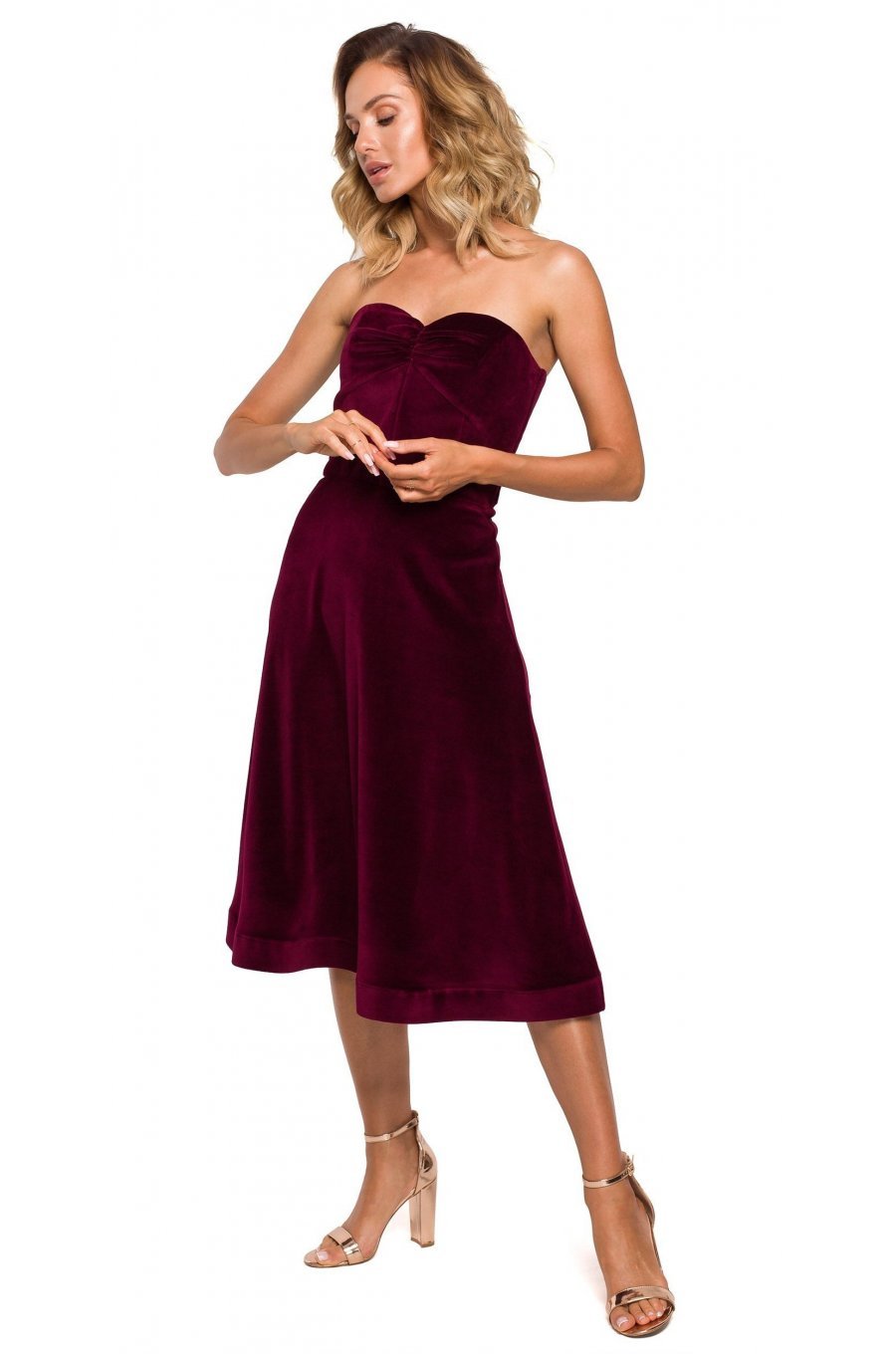 Rochie eleganta midi din catifea burgundy retro Morana  1 - jojofashion.ro