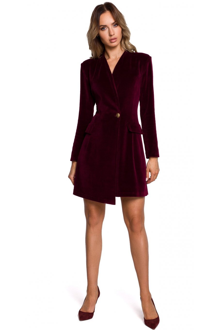 Rochie scurta din catifea burgundy tip blazer Janinne 3 - jojofashion.ro