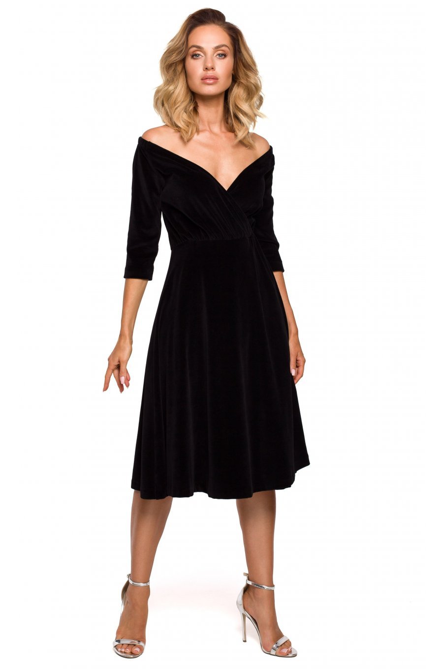Rochie midi eleganta din catifea neagra Denisa 1 - jojofashion.ro