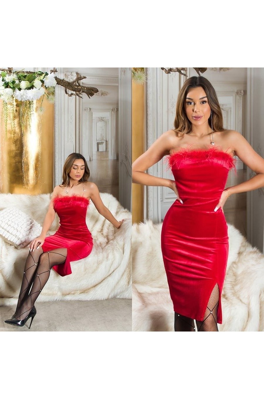 Rochie de ocazie midi, din catifea, rosie, mulata, cu pene si umeri goi, Aianna 4 - jojofashion.ro