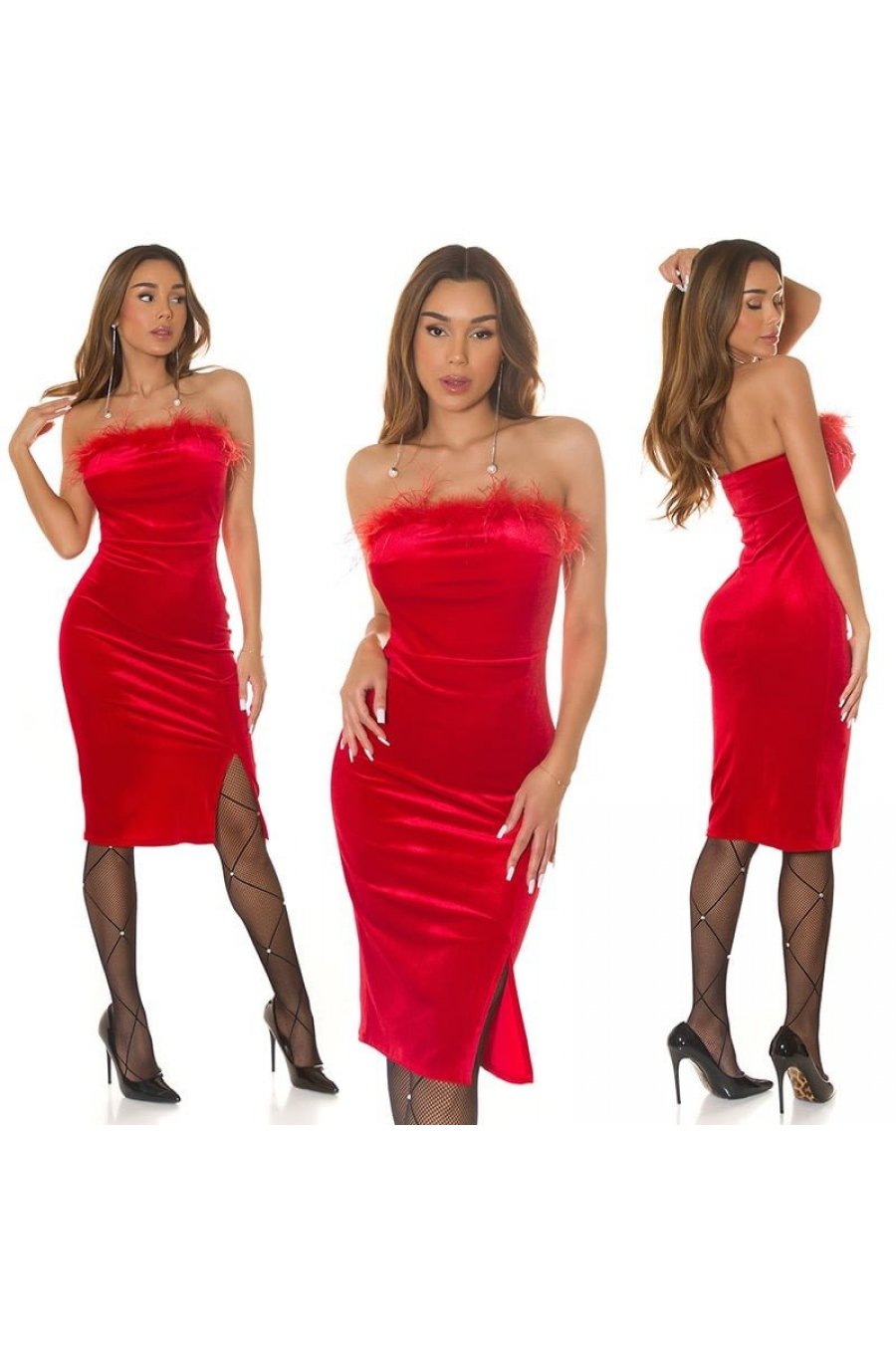 Rochie midi rosie mulata din catifea cu pene si umerii goi Aianna 6 - jojofashion.ro