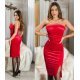 Rochie midi rosie mulata din catifea cu pene si umerii goi Aianna 6 - jojofashion.ro