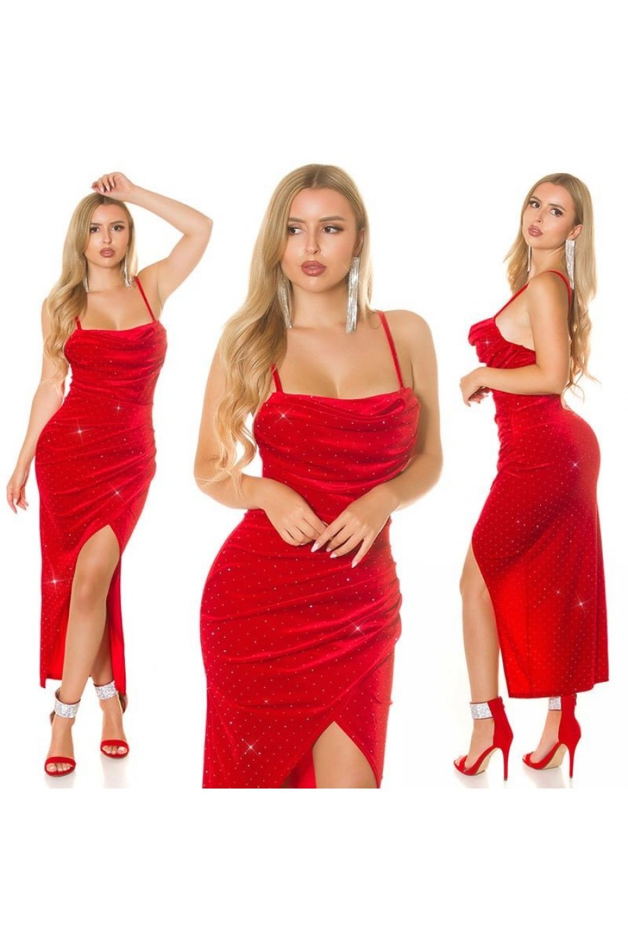 Rochie midi din catifea rosie mulata cu glitter petrecuta Sorana 3 - jojofashion.ro