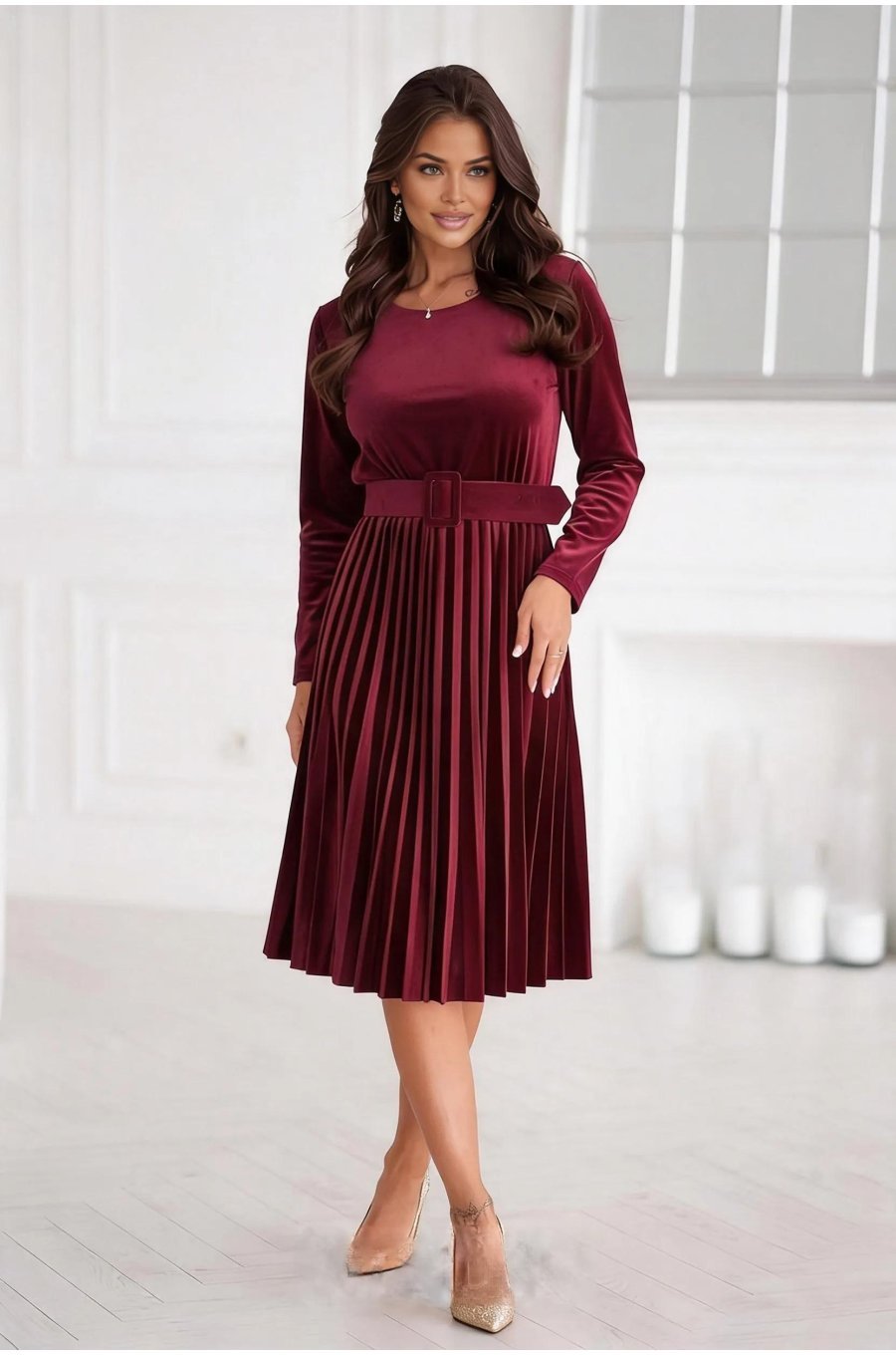 Rochie plisata din catifea rosie-burgundy cu maneca lunga Aryanne 3 - jojofashion.ro