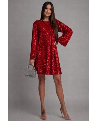 Rochii catifea, Rochie rosie din catifea cu paiete scurta croi A cu fundița si maneca lunga Glossy - jojofashion.ro
