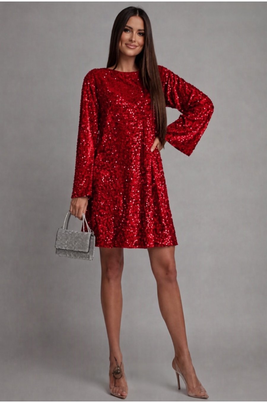 Rochie rosie din catifea cu paiete scurta croi A cu fundița si maneca lunga Glossy 1 - jojofashion.ro