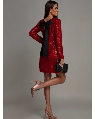 Rochii catifea, Rochie rosie din catifea cu paiete scurta croi A cu fundița si maneca lunga Glossy - jojofashion.ro