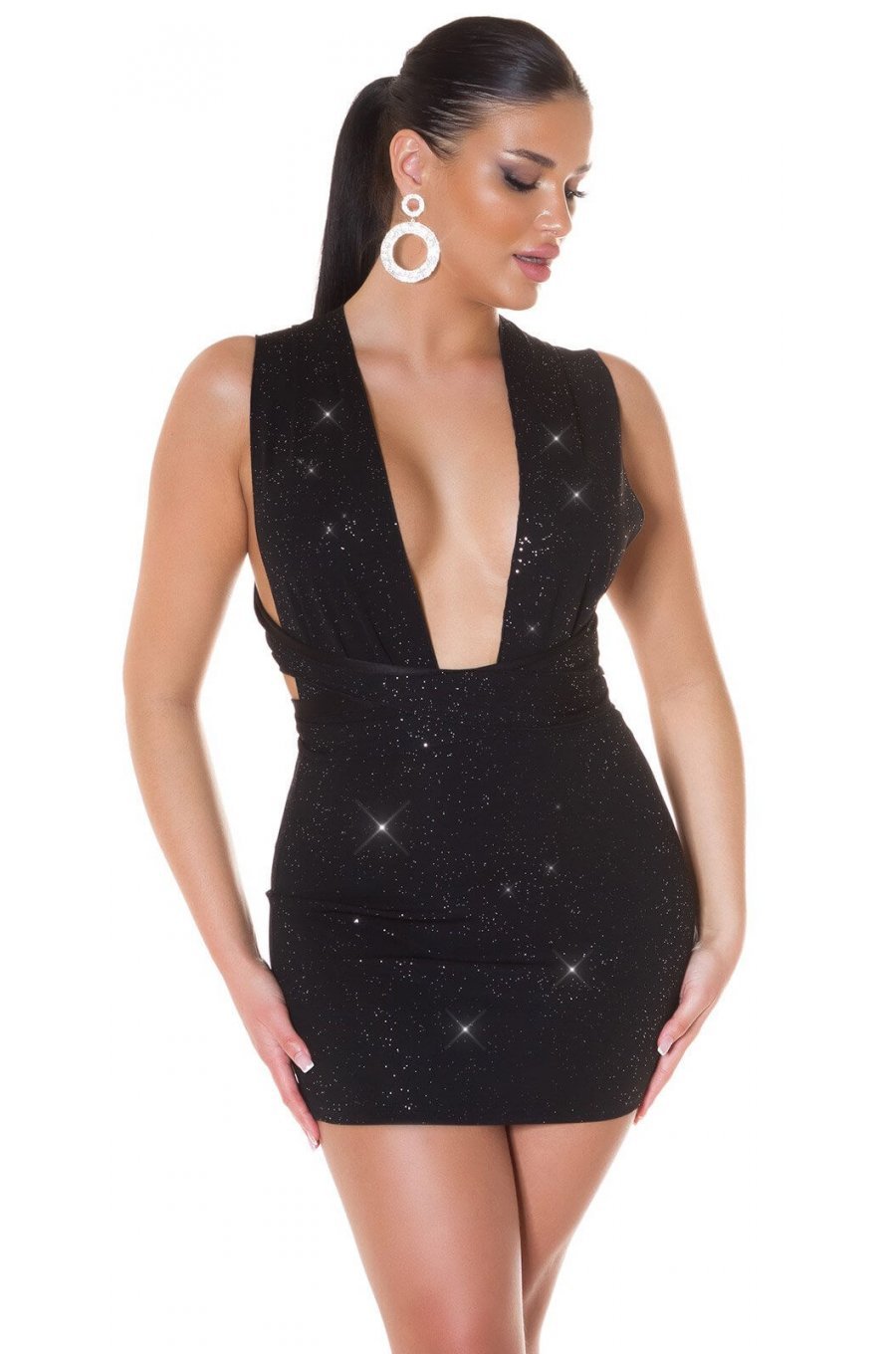 Rochie scurta neagra mulata din glitter cu spatele gol Katy 2 - jojofashion.ro