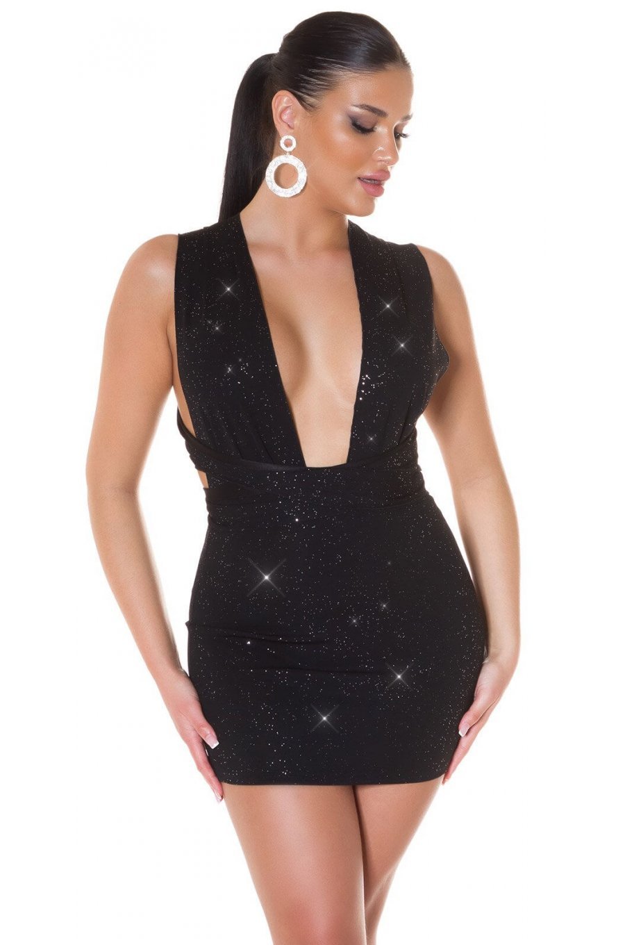 Rochie de club neagra glitter cu spatele gol Katy 2 - jojofashion.ro