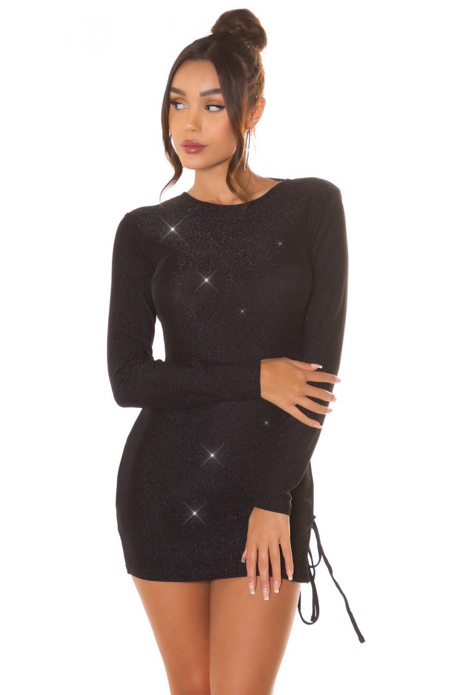 Rochie de club scurta, glitter, neagra, mulata, cu maneca lunga, Zarita 2 - jojofashion.ro