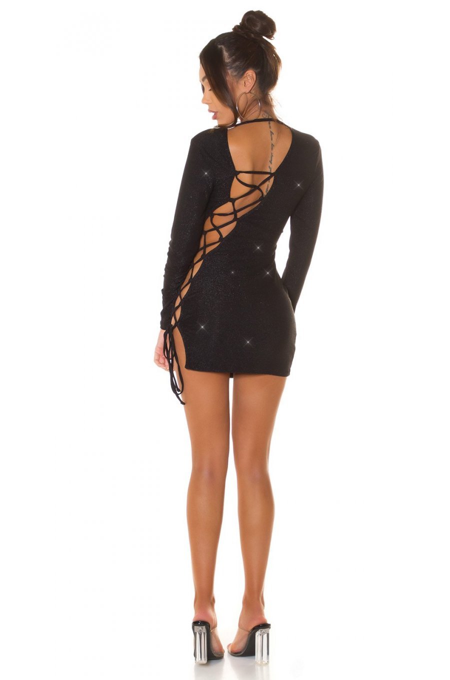 Rochie de club scurta, glitter, neagra, mulata, cu maneca lunga, Zarita 5 - jojofashion.ro