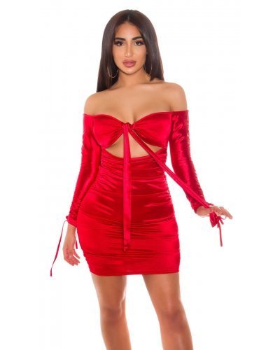 Rochie scurta rosie din satin mulata cu umerii goi Oksana Rochii satin, Rochie scurta rosie din satin mulata cu umerii goi Oksana - jojofashion.ro