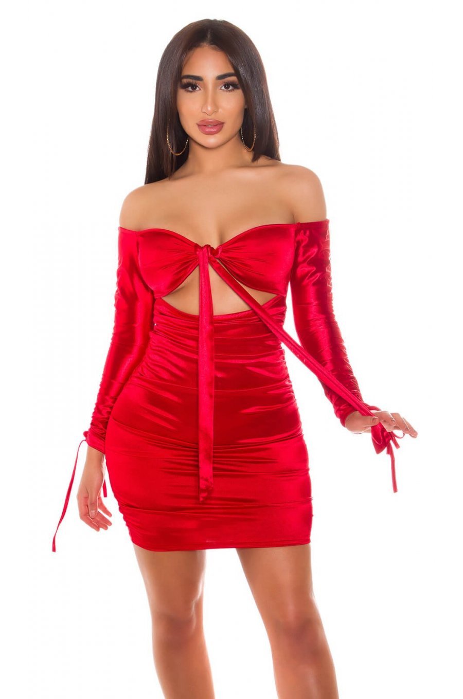 Rochie scurta rosie din satin mulata cu umerii goi Oksana 1 - jojofashion.ro