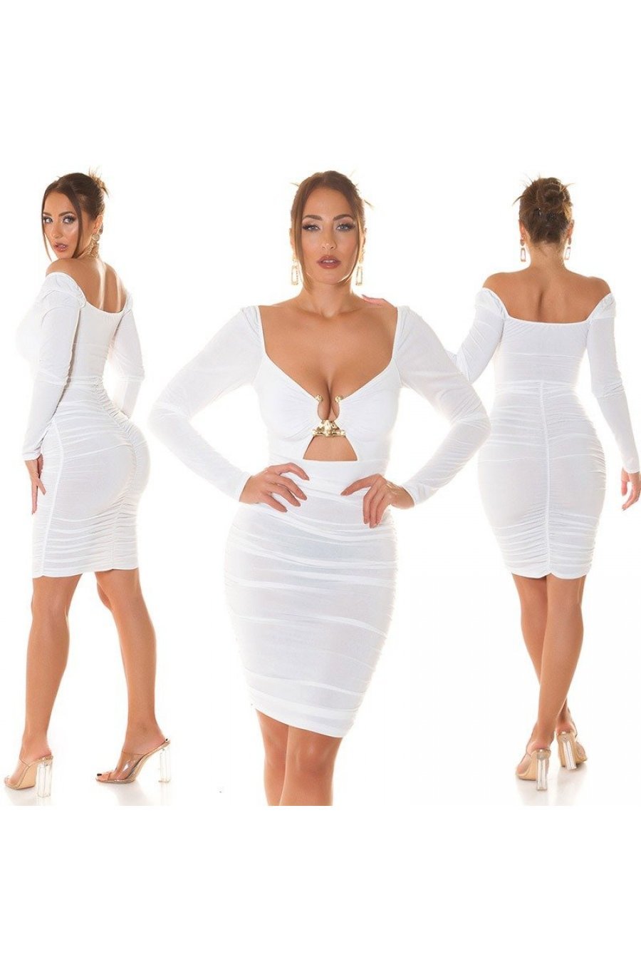 Rochie midi alba mulata cu maneca lunga Endellion  7 - jojofashion.ro
