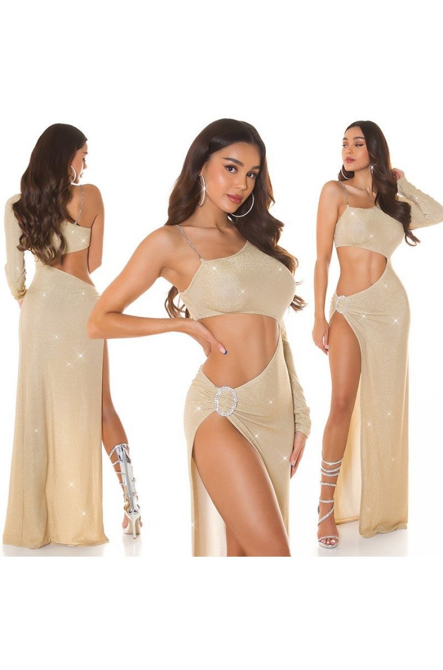 Rochie de club lunga, glitter, bej, mulata, cu maneca lunga, Ginger Rochie de club lunga, glitter, bej, mulata, cu maneca lunga, Ginger 6 - jojofashion.ro