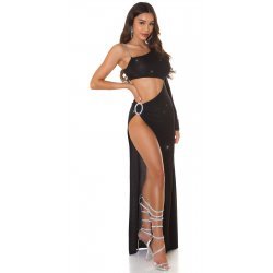 Rochie de club lunga, glitter, neagra, mulata, cu maneca lunga, Ginger 