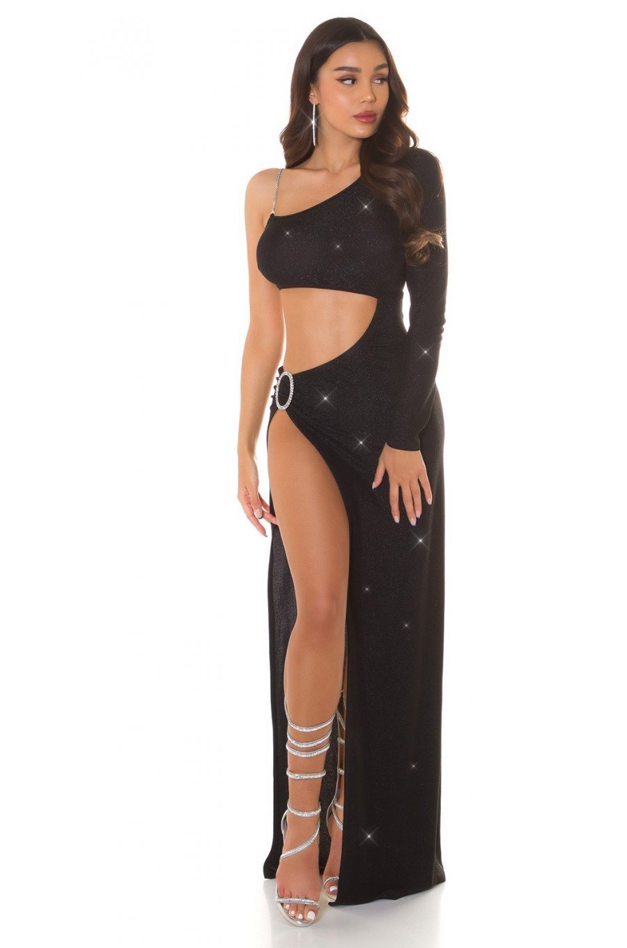 Rochie de club lunga, glitter, neagra, mulata, cu maneca lunga, Ginger  6 - jojofashion.ro