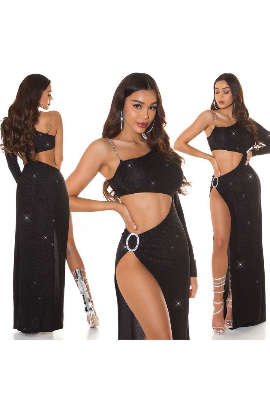 Tinuta de club, rochie lunga glitter neagra si sandale argintii Ginger 2 - jojofashion.ro