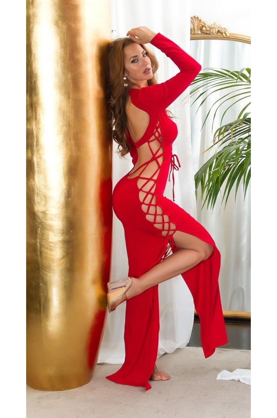 Rochie lunga rosie mulata cu decupaje sexy Alenka 4 - jojofashion.ro