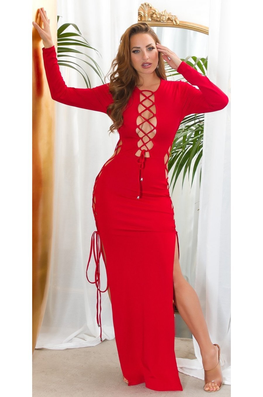 Rochie lunga rosie mulata cu decupaje sexy Alenka 3 - jojofashion.ro
