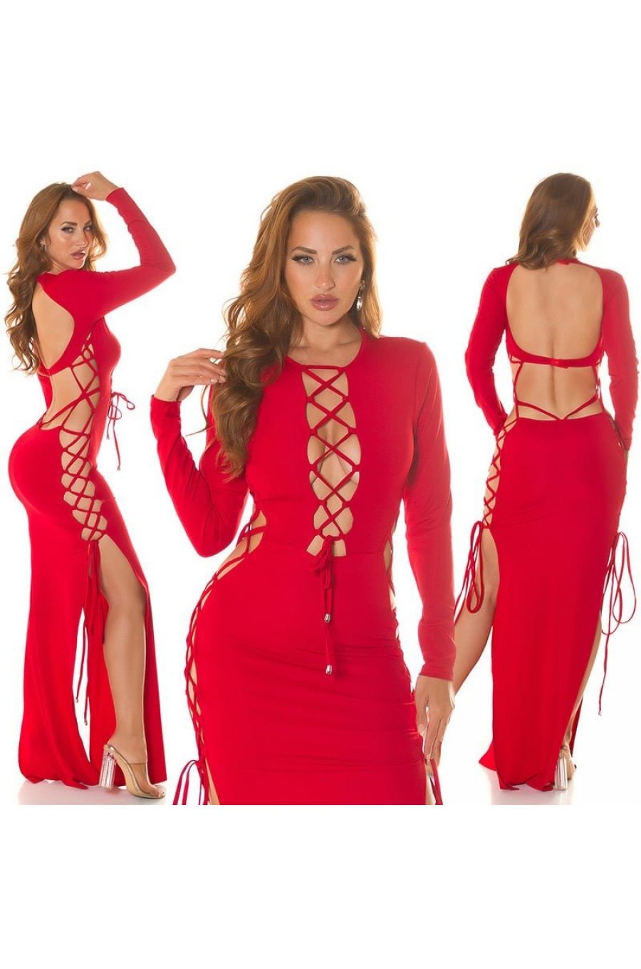 Rochie lunga rosie mulata cu decupaje sexy Alenka 5 - jojofashion.ro