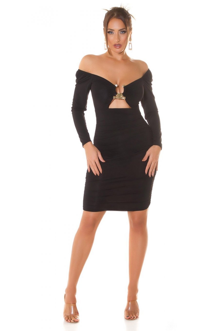 Rochie de club midi, neagra, mulata, cu maneca lunga, Endellion  5 - jojofashion.ro