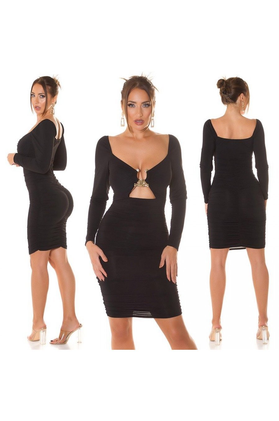 Rochie de club midi, neagra, mulata, cu maneca lunga, Endellion  6 - jojofashion.ro