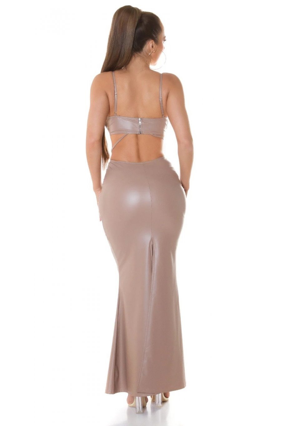 Rochie lunga mulata din piele eco cappuccino Zhin 5 - jojofashion.ro