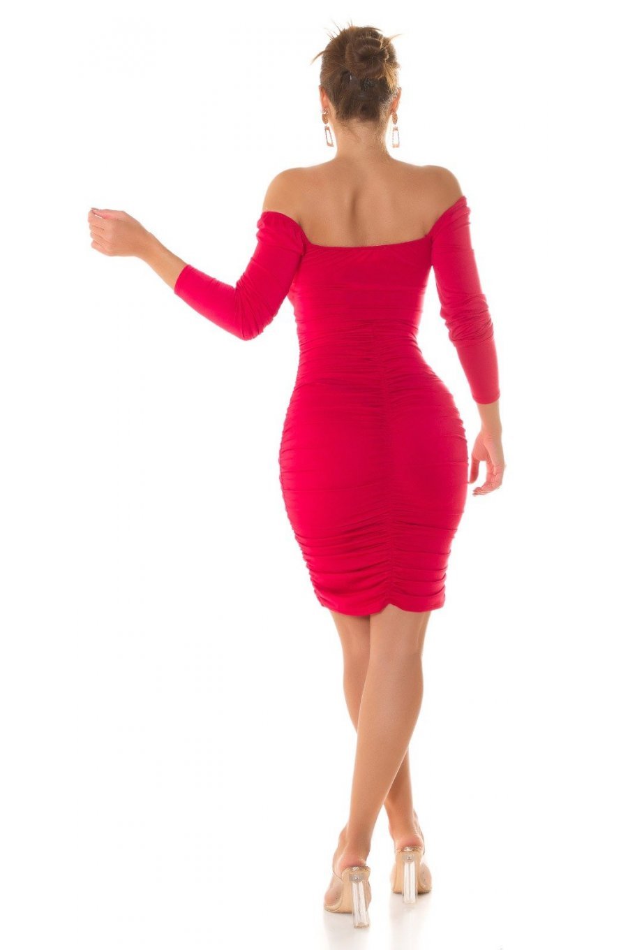 Rochie de club midi, rosie, mulata, cu maneca lunga, Endellion  5 - jojofashion.ro