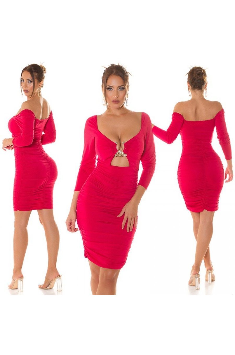 Rochie de club midi, rosie, mulata, cu maneca lunga, Endellion  7 - jojofashion.ro