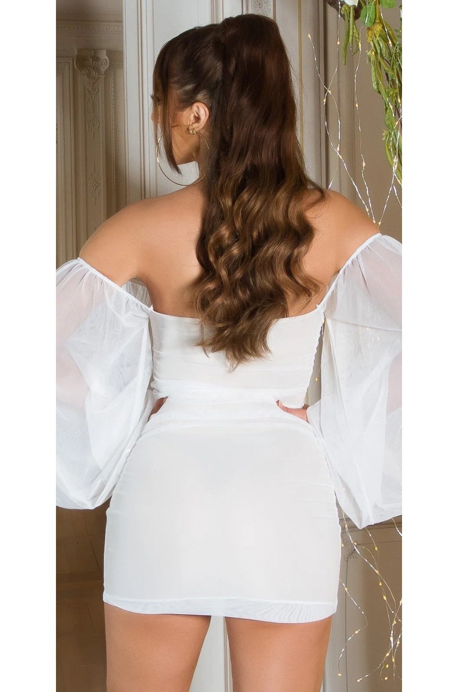 Rochie scurta ecru mulata din voal cu maneca lunga si umerii goi Sibel  2 - jojofashion.ro