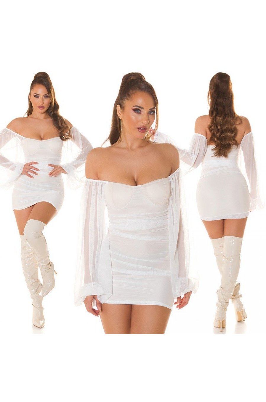 Rochie scurta ecru mulata din voal cu maneca lunga si umerii goi Sibel  7 - jojofashion.ro