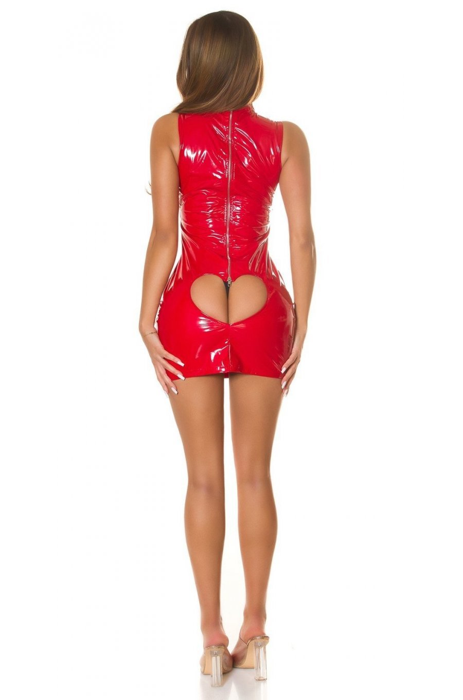 Rochie de club scurta, din latex, rosie, mulata, cu decupaje sexy, Estefania 2 - jojofashion.ro