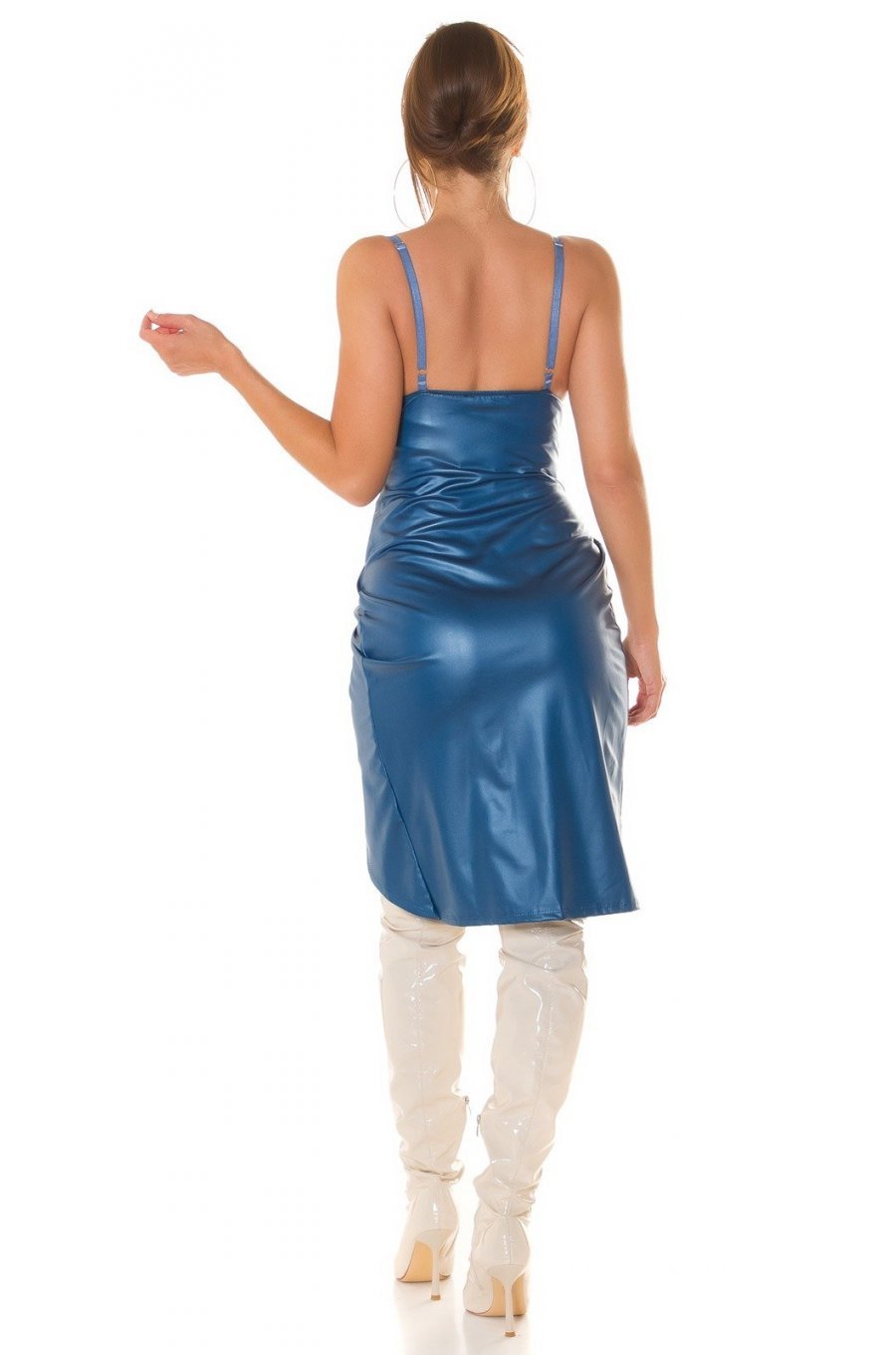 Rochie de club scurta, din piele eco, albastra, mulata, tip corset, asimetrica, Edythe  4 - jojofashion.ro