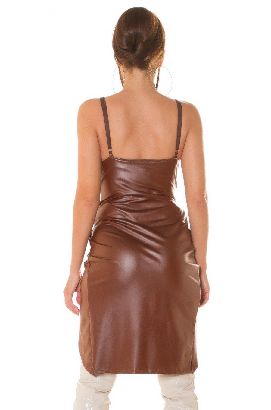 Rochie de club scurta, din piele eco, maro, mulata, tip corset, asimetrica, Edythe  2 - jojofashion.ro