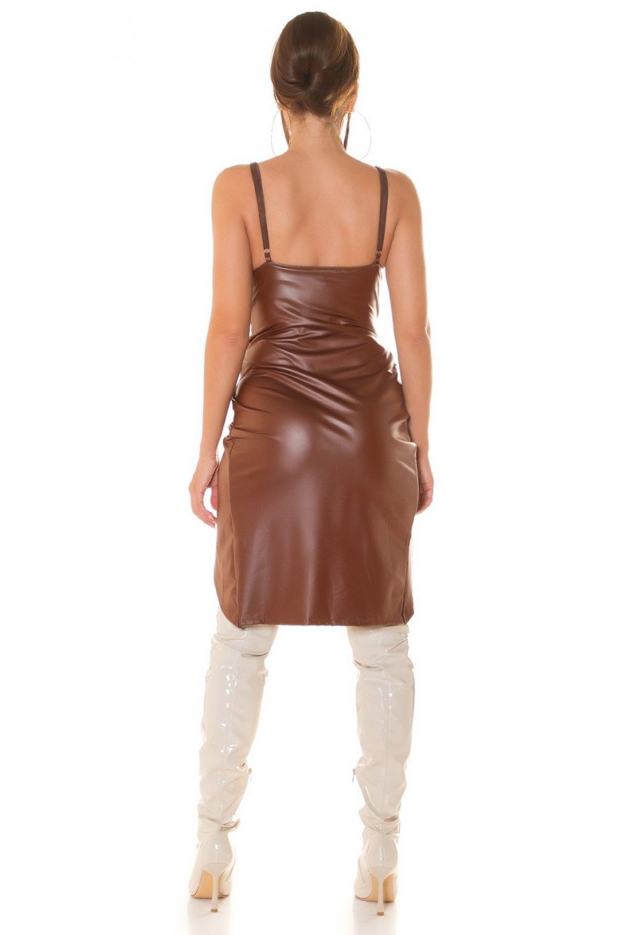 Rochie de club scurta, din piele eco, maro, mulata, tip corset, asimetrica, Edythe  5 - jojofashion.ro