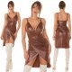 Rochie de club scurta, din piele eco, maro, mulata, tip corset, asimetrica, Edythe  7 - jojofashion.ro