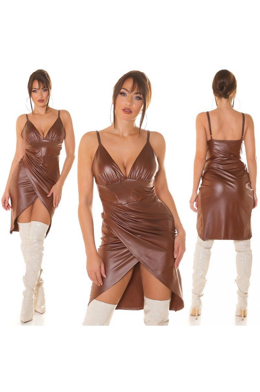 Rochie de club scurta, din piele eco, maro, mulata, tip corset, asimetrica, Edythe  6 - jojofashion.ro