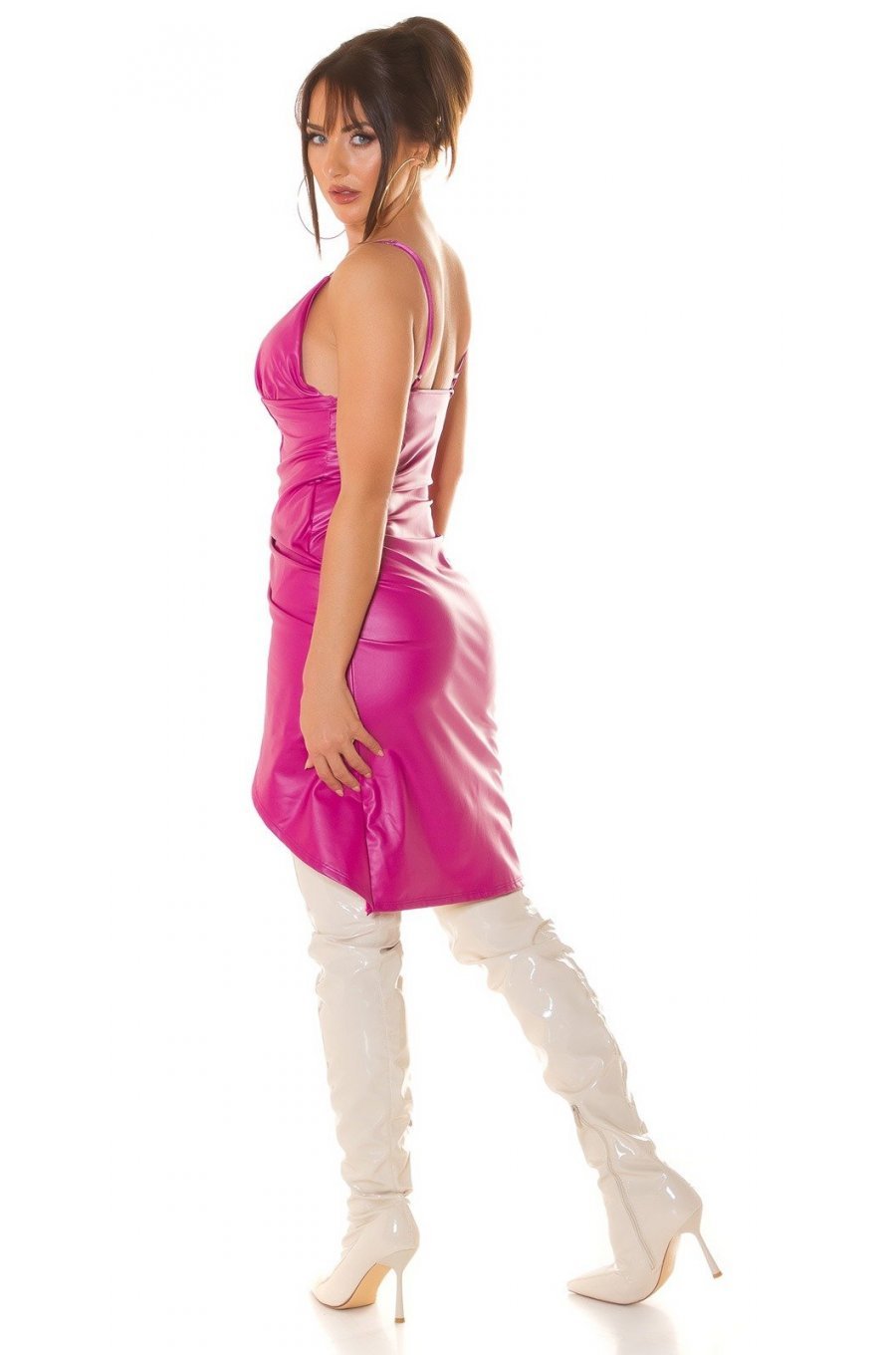 Rochie de club scurta, din piele eco, roz fucsia, mulata, tip corset, asimetrica, Edythe  4 - jojofashion.ro
